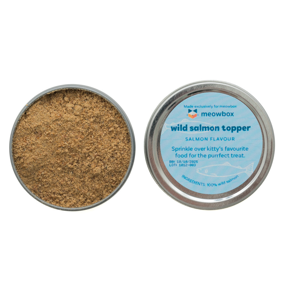 open tin of wild salmon cat food topper