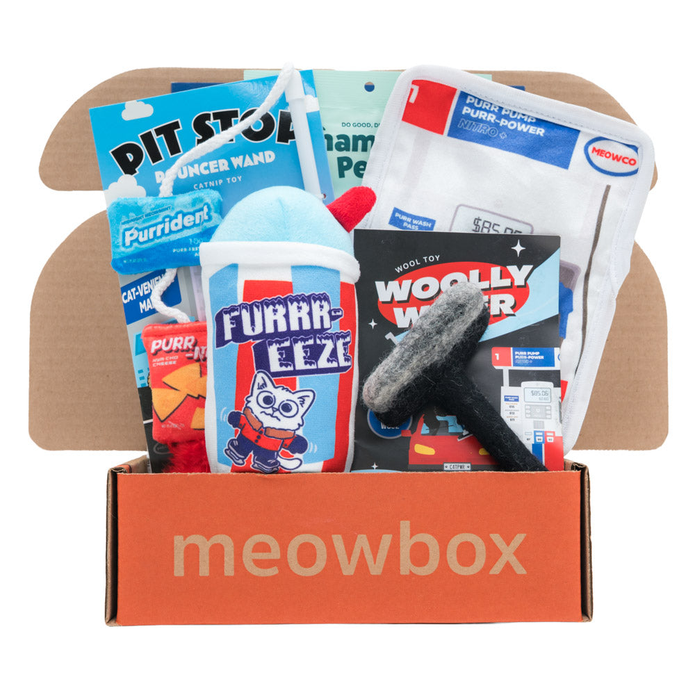 The Purr Pump – themed meowbox cat subscription box with cat toys