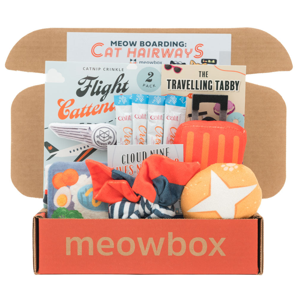 Meow Boarding: Cat Hairways CA – themed meowbox cat subscription box with cat toys and cat treats