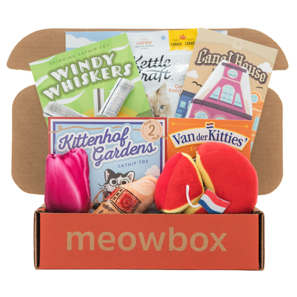 meowbox’s Whiskers & Windmills Canada – themed meowbox cat subscription box with cat toys and cat treats