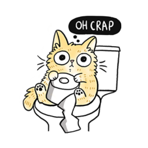 Illustration of a cat pooping over a toilet with the speech bubble "Oh Crap"